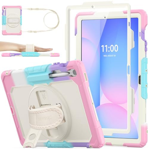SEYMAC stock Case for Samsung Galaxy Tab S10 FE+ Plus 13.1 inch 2025, Heavy Duty Shockproof Case with Screen Protector, 360° Rotating Stand/Hand Strap & Pen Holder for Galaxy S10 FE+ Tablet, Pink