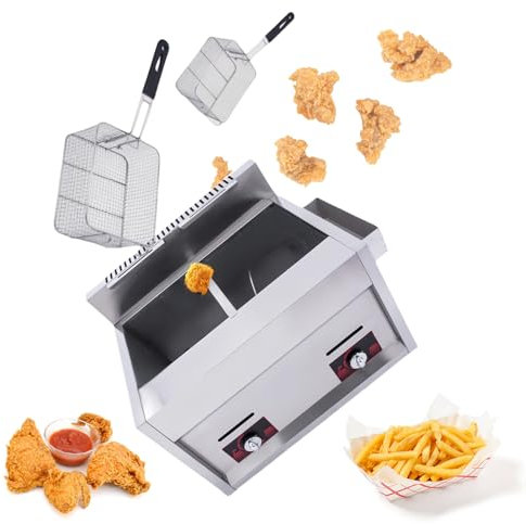 Glowdora Friggitrice A Gas, Friggitrice A Gas Professionale in Acciaio Inox con Cestello E Coperchio, Friggitrice A Doppia Vasca 2x10l per Macchina da Banco per Ristoranti Commerciali