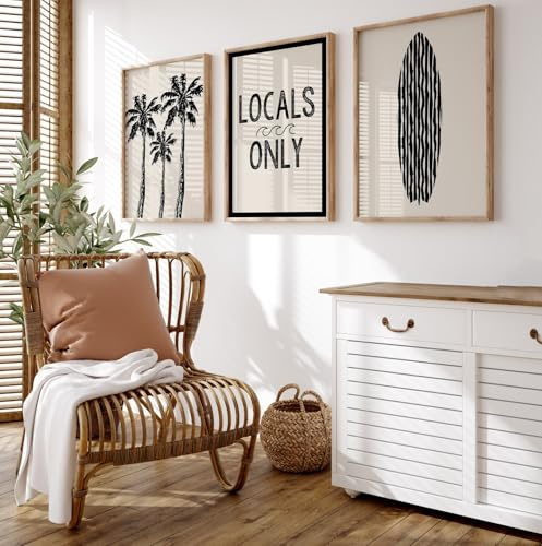 Ueiwffzo 3er Poster Set, Schwarz und Weiß Palmen Surfbrett Muster Wandbilder Strand Kunstdrucke, Modern Vintage Bilder OHNE Rahmen für Schlafzimmer Wohnzimmer Wanddeko (40x50cm)