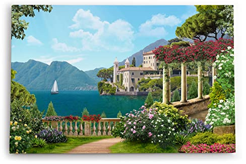 Paul Sinus Wandbilder Deko Kunstdruck 90x60cm Gardasee Italien Kunstvoll Berge Villa Garten Blumen