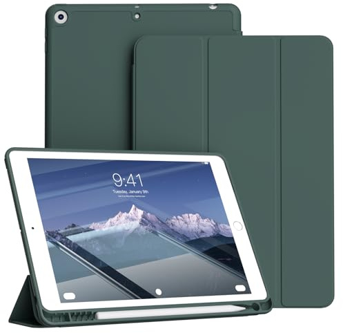 KVTVOU Hülle für iPad 9. / 8. / 7. Generation 10,2 Zoll, Dunkelgrün | Weiche TPU Rückseite, Ultradünn Stoßfest Hülle mit Stifthalter für iPad 9/8/7 (2021/2020/2019), Auto Wachen/Schlafen