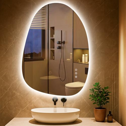 PESENXAN Miroir de salle de bain LED asymétrique avec éclairage, 83 x 60 cm, anti-buée, 3 couleurs de lumière, réglable, intensité variable, avec fonction mémoire, économie d'énergie, horizontal