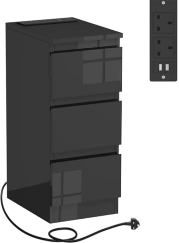 Menaka 25CM Narrow Bedside Table 3 Drawers Cabinet with Charging Station, Slim Side Table Bed Nightstand with 2 USB Ports & Power Sockets for Bedroom Living Room (black)