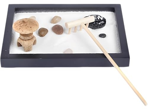 yeeplant Zen Garden Schreibtisch-Set, Miniatur, schwarzes Tablett, Rechen, Sand, Stein
