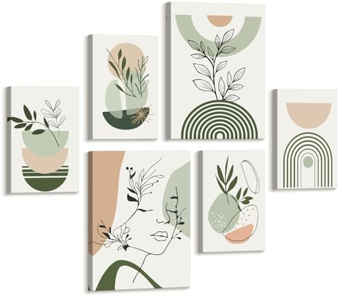 6 Sets of Boho Salbei Grün Geometrische Linien Leinwandbilder mit Rahmen Minimalistisch Pflanzen Blätter Wandbilder Moderne Frauen Gesicht Schlafzimmer Bild Auf Leinwand Kunstdruck Deko für Wohnzimmer