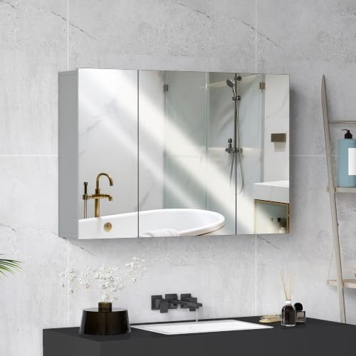 kleankin Armoire Murale de Salle de Bain 70L x 15l x 60H cm Gris | Armoire de Toilette, 3 Portes Miroir, Étagères Réglables, MDF