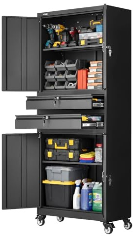 VEVOR Armario Metálico para Garaje 76 x 38 x 190,5 cm con Ruedas, 4 Puertas, 2 Cajones, Cerradura, Estantes Ajustables, Capacidad de Carga 81,5 kg por Estante para Taller Oficina Almacenamiento Hogar