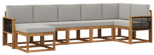 vidaXL Outdoor-Sofagarnitur 7 pcs Natürlich und Hellgrau Polyester, Modularer Gartensofa-Set, modernes Outdoor-Sofa, wetterfester Terrassenmöbel, Akazienholz, braunes Sitzen