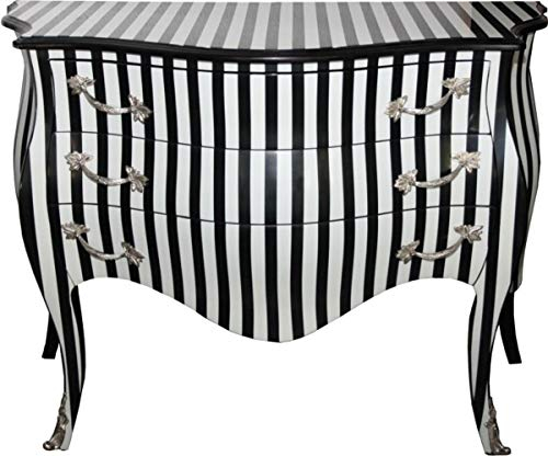 Casa Padrino Barock Kommode Schwarz/Weiss Streifen 122 cm mit silbernen Metallapplikationen - Antik Stil
