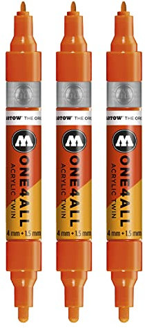 Molotow One4All Acrylic Twin Marker (Strichstärke 1,5 mm und 4 mm, hochdeckend und permanent) 3 Stück Farbe 085 dare orange