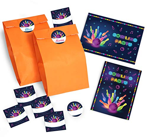 10 Einladungskarten zum Kindergeburtstag Bowling für Mädchen und Jungen/Erwachsene incl. 10 Umschläge, 10 Tüten/orange, 10 Aufkleber/bunte Einladungen zum Geburtstag/Geburtstagseinladungen
