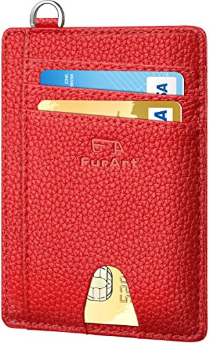 FurArt Portefeuille Minimaliste Fin, Porte-Cartes de Crédit avec Blocage Anti RFID, Les Femmes Hommes, Démontage Manille en D,Litchi Cerise