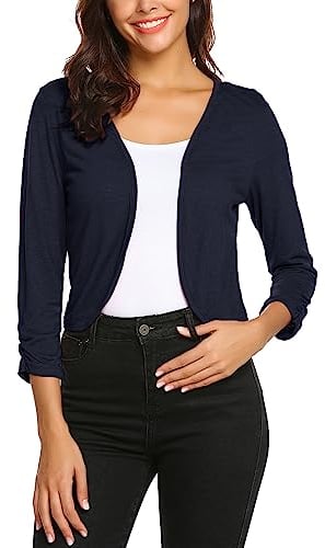 Parabler Damen Bolero Dunkelblau 3/4 Ärmel Schulterjacke Elegant Kurze Cardigan Shrug Strickjacke Leichte Casual Open Front Bolerojacke Sommer M
