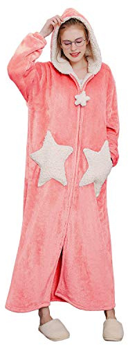 Hellomamma Damen-Bademantel mit Reißverschluss und Kapuze, Hausmantel, Plüsch-Fleece, warme Nachtwäsche, langer Schlafanzug, Nachthemd