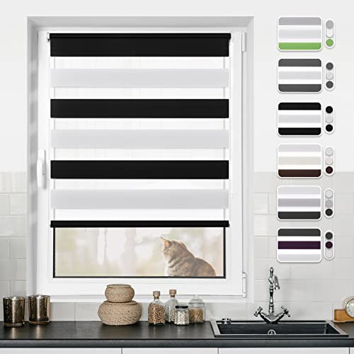 Doppelrollo Klemmfix ohne Bohren Rollos für Fenster ohne Bohren mit Bohren Schwarz-Weiß B70 x H150cm -Stoffbreite 66cm Rollo Fensterrollo Klemmrollos Fensterrollo innen