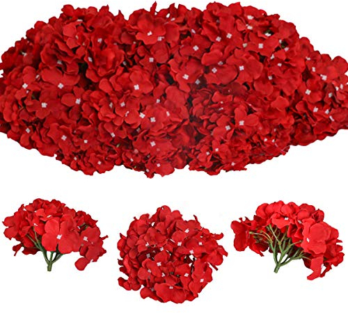 Tifuly 12 Pcs Hortensias Artificiales, Hortensias de Seda Cabezas de Flores con Tallos Flores Falsas para Ramos de Novia, Decoración de Fiesta en el hogar, Arreglos, Centros de Mesa (Rojo)