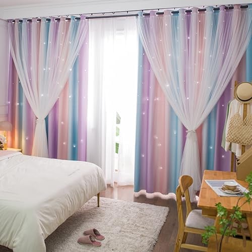 Yancorp Vorhänge für Mädchen, Schlafzimmer, Kinderzimmer, bunt, Fenstervorhang, 274,3 cm Länge, Raumverdunkelung, Ösen, 2 Schichten (Rosa-Violett, B 132 x L 108 cm)