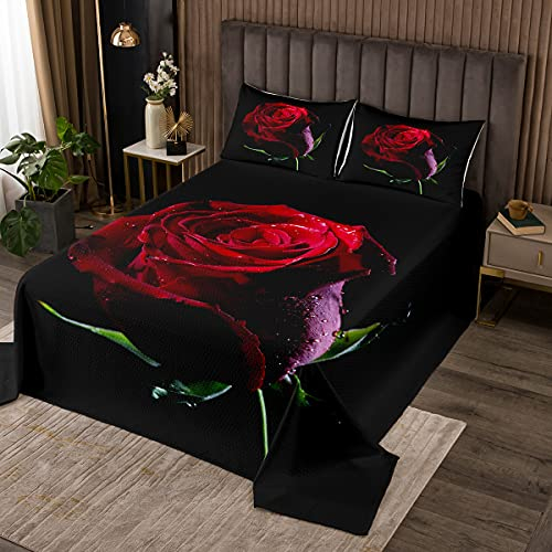 Tbrand 3D Rote Rose Tagesdecke Frauen Rose Blumendruck Bettüberwurf 170x210cm Romantische Blumen Steppdecke Botanische Zweige Wohndecke