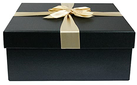Emartbuy Rigid Gift Box, 23.5 x 23.5 x 10 cm, Black Box with Black Lid, Brown Interior and Gold Satin Decorative Ribbon