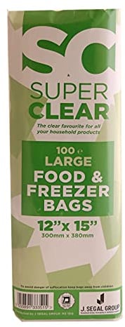 Super Clear - 100 Large Clear Plastic Food and Freezer Bags - Great for Sandwiches, Snacks and Food Storage - Poly Bags (Large 12x15)
