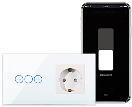 CNBINGO WLAN Dimmschalter mit Schuko Steckdose unterputz - Smart Touch Lichtschalter Arbeit mit Alexa, Google Assistant - Glas Wandschalter Weiß - Neutralleiter Wird Benötigt