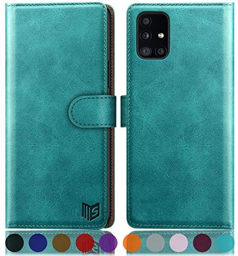SUANPOT [RFID Schutz für Samsung Galaxy A51 4G hülle PU Leder handyhülle Lederhülle klapphülle Kartenfach Flip Phone Case Cover für Samsung A51 4G Handy hülle Phone case Cover Blau Grün