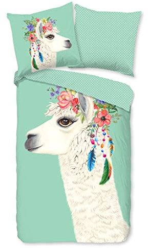 Soma Renforcé Pastell Kinder-Bettwäsche-Set 2 teilig Bettbezug 2tlg 135x200cm Kopfkissenbezug 80x80cm (Alpaka Lama grün)