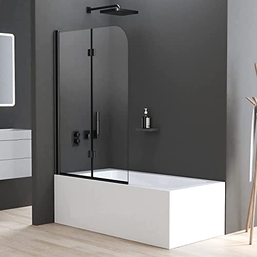 Duschwand für Badewanne 2 teilig faltbar 6mm NANO Sicherheitsglas (ESG) Faltwand Badewannenaufsatz Badewannenfaltwand Duschabtrennung für Badewanne (100x140cm, Schwarz)