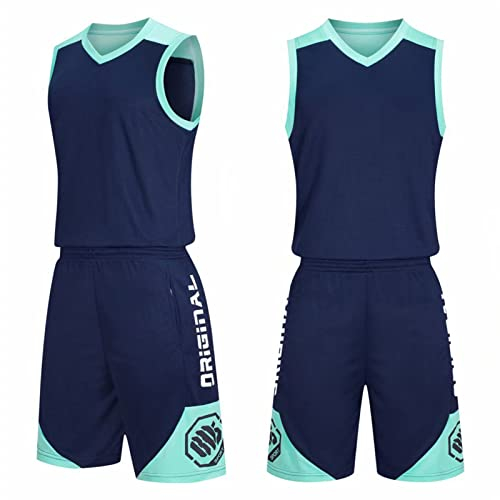 SHUOJIA Basketball ärmellose Anzug, Basketball Trainings Ärmellos Trikot Schnell Trocknendes Und Shorts,Basketball Trainings Ärmellos Trikot Und Hose,individuelle Anpassung (Navy Blue,5XL)