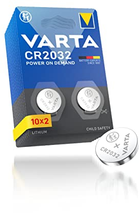 VARTA Pilas de Botón CR2032, paquete de 20, Power on Demand, Lithium, 3V, embalaje seguro para niños, para dispositivos Smart Home, llaves de coche y otras aplicaciones