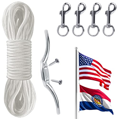Flag Rope and Clips Kit - 50ft Flag Pole Rope Halyard with Cleat Hook & 4 Pcs Swivel Snap Clips for Flagpoles Up to 25ft, Outdoor Porch Flagpoles Repair Replacement Parts Accessories