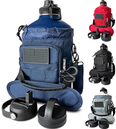 LUNCHALOT 1 Gallon Water Bottle Jug - 128 Oz Insulated Stainless Steel Metal Water Bottle with Holder - Carrying Bag - Spout Handle - Straw Lids - Keep Cold & Hot - Blue Tactical Flask