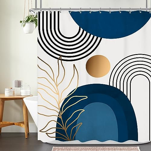 Ufeela Rideau de douche bohème du milieu du siècle, 152,4 x 183 cm (l x L), motif abstrait, bleu, arc-en-ciel, feuilles dorées, arche géométrique, moderne, minimaliste, pour salle de bain, accessoires