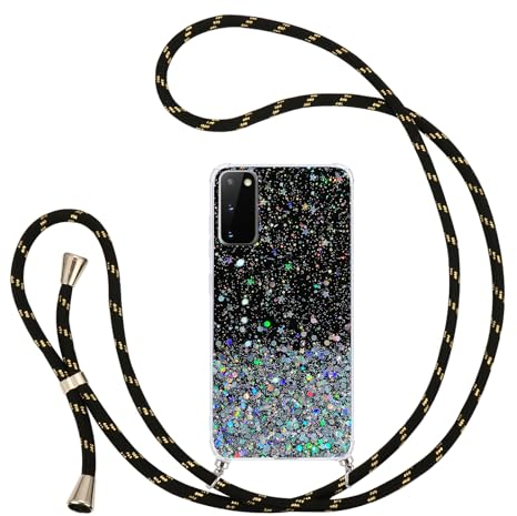 Pepmune Handyband Kompatibel mit Samsung Galaxy S20 FE Hülle mit Band Glitzer Transparent Case Silikon Schutzhülle mit Kordel zum Umhängen Mädchen Handyhülle für Samsung S20 FE 4G/5G Schwarz