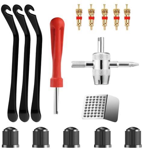 UGBO Ventilschlüssel Ventilausdreher Reifenventilentferner Einzelkopf Ventilkern 1 × 4 Wege Ventil Werkzeug + 3 x Fahrrad Reifenheber + 5 x Ventildreher + 5 x Reifenventilkappen + 1 x Reifenpads