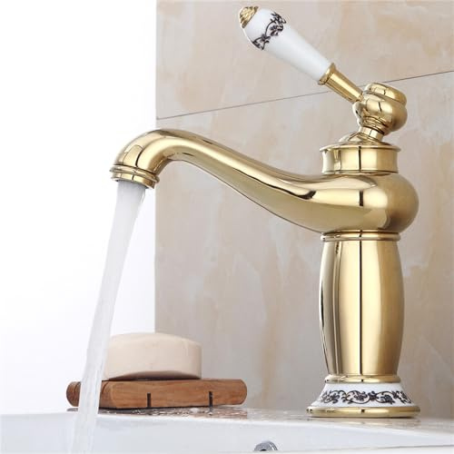 KEESUNG Retro Antik Landhaus Bad Waschbecken, Nostalgie Einhebelmischer Retro Waschtischarmatur Hoch Einhebel Wasserhahn Bad Wasserhahn Spültisch Armatur, Kaltwasser-Warmwasser-System (Gold)