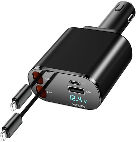 COCIVIVRE Retractable Car Phone Charger, 4 in 1 USB C Car Charger 60W, Retractable Cables (2.6Ft) and 2 USB Ports Car Charger Adapter, Compatible with iPhone 14/13/12/11