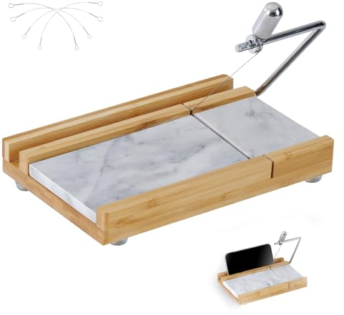 xinglinsaiter Cheese Slicer Cheese Cutter with 4 Replacement Cutting Wire,Heavy Duty 8.26x 5.43,Marble Board Cheese Slicer for Block Cheeses, Butter, Sausage,Cakes and More(White Grey)