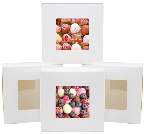 KEYIDO White Bakery Boxes with Window, 9x9x2.5 Cookie Boxes, 15 Pack Square Gift Wrap Boxes for Donuts, Biscuits, Pies, Cakes, Chocolates, Muffins, Party Favours