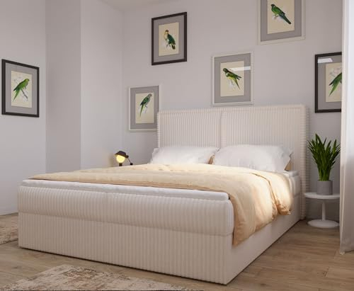 mb-moebel Polsterbett Kontinentalbett, Bonell-Matratze und Topper, Doppelbett gepolstertes Kopfteil mit Bettkasten Boxspringbett Bett 04 (Creme (Ambience 02), 140x200 cm)