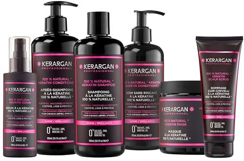 Kerargan - Kit Complet Ultra Réparateur à la Kératine Pour Cheveux Abîmés et Stressés - Fortifie, Lisse, Protège - Sans Sulfate, Paraben, Silicone - 3x500ml + 100ml + 350ml + 250ml