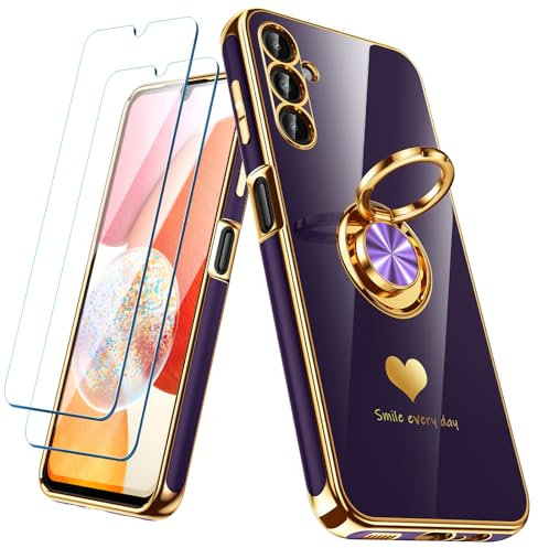 Nonional for Samsung Galaxy A14 5G/4G Case with 2 Pack Screen Protector, 360° Rotatable Ring Holder [Luxury Hearts Pattern] Plating Gold Edge Slim Soft Phone Cover Case for Galaxy A14 - Purple