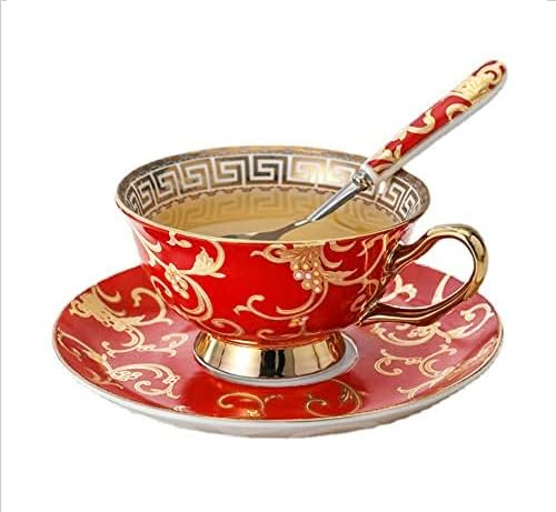 ZFQ Ensemble de tasse et soucoupes en porcelaine anglaise avec cuillères, 250ml, tasses à café, pour Le thé, Le café, Le Petit-déjeuner et la Cuisine (Rouge)