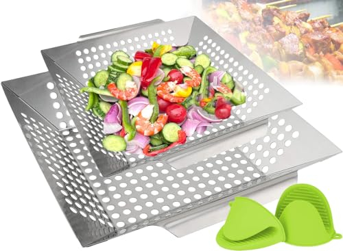 AXIM Grillkörbe für Outdoor-Grill, perforierte Gemüse-Grillpfanne, Grillzubehör zum Grillen von Gemüse, Fisch, Garnelen, Fleisch, Camping-Kochgeschirr (1 Stück/groß+1 Stück/klein)