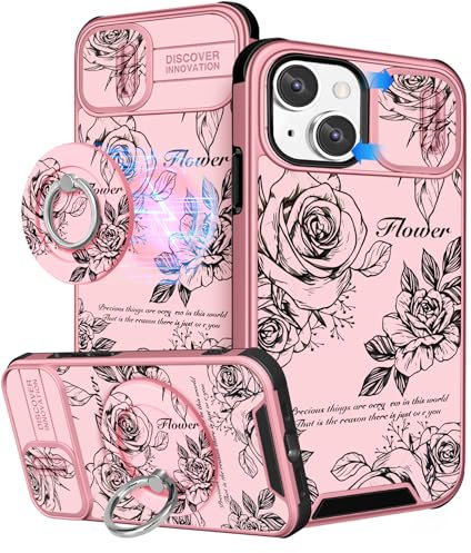 VincitoreModa for iPhone 15 Case Women Girls - [2in1] Cute Roses Flowers Compatible with MagSafe Ring Stand Girly Slide Camera Cover Fashion Unique Design for Apple for iPhone 15 Phone Case 6.1