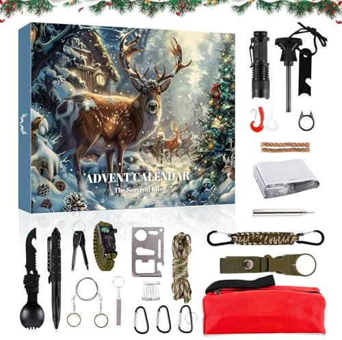 Weihnachts Adventskalender Survival Kit 2024, 24 Tage Countdown Kalender, Weihnachts Adventskalender mit Survival Gadgets für Erwachsene und Teenager Außenbereich