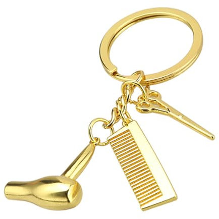 Schlüsselanhänger Friseur Hairstylist - Keyring mit Kamm, Schere und Fön, Geschenkidee, Goldfarben