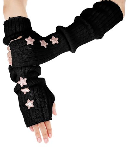 1 Pair Arm Warmers Y2k Funky Arm Warmers Girls Fingerless Arm Warmers Y2k Women Teens Knitted Arm Warmers Japanese Harajuku Cosplay Lolita Cute Fingerless Mittens for Women Girls Costume School(Black)