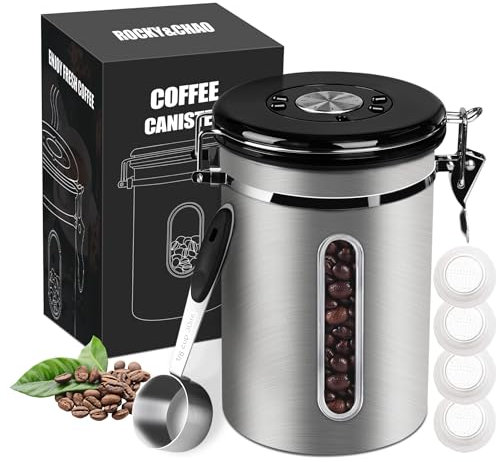 1800ML Coffee Canister with Window, Airtight Stainless Steel Kitchen Food Storage Container, Date Tracker and Scoop for Grounds Coffee Bar Accessories, Beans, Tea, Flour, Cereal, Sugar, 22OZ, Silver