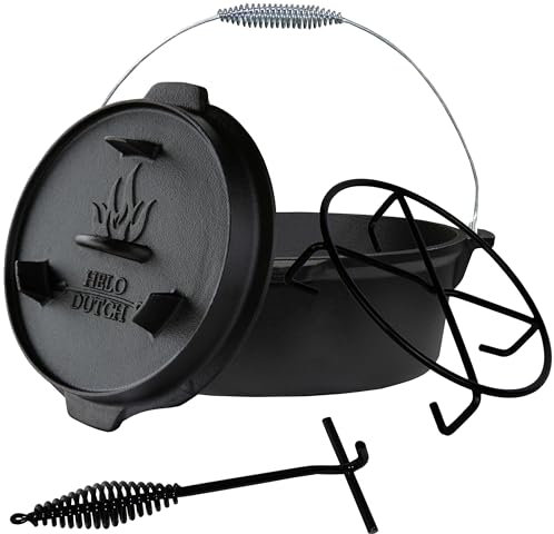Dutch Oven Set Gusseisen 1,8L-13,6L – Feuertopf mit Deckelheber, Schmortopf mit & ohne Füße, Schlitz für Themormeter, inkl. Kochbuch – Perfekt für BBQ Indoor & Outdoor (ohne Füße, 1,8l - O1)